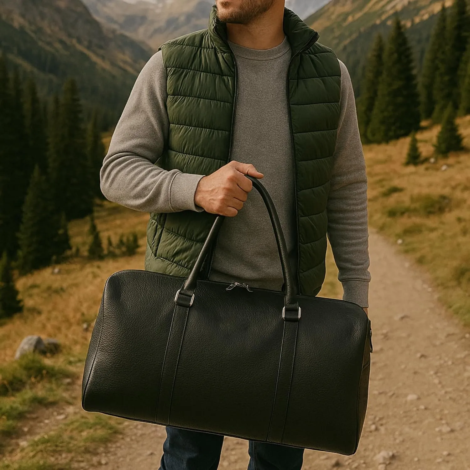 Real Cowhide Leather Travel Duffel Bag – Waterproof Weekender Overnight Bag, Vintage Handcrafted Travel Carry-On Luggage (Black)