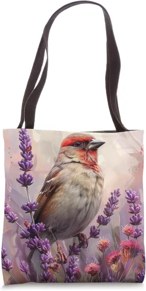 Red Crossbill Bird Lover Floral Van Gogh Style Lavender Tote Bag