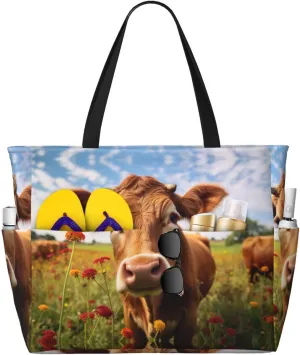 Red Flower Show Steer Cows Cattle Beach Tote Bag For Women Beach Bag Waterproof And Sandproof Tote Bag Large Travel Bag