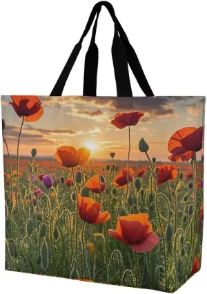 Red Poppy Flower Field in Sunset Handbags Lightweight Travel Shoulder Bag Portable Cute Shopping Beach Market Bag for Men Women Hiking Yoga Gym Swimming Travel Holiday Gift