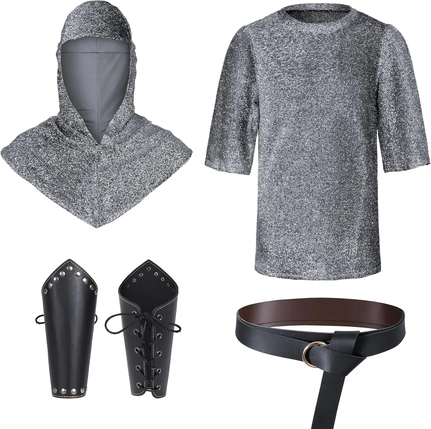 Renaissance Faux Chain Mail Armor Tunic Shirt Coif Medieval Knight Cowl Crusader Costume Outfit Bracers Waist Belt Set