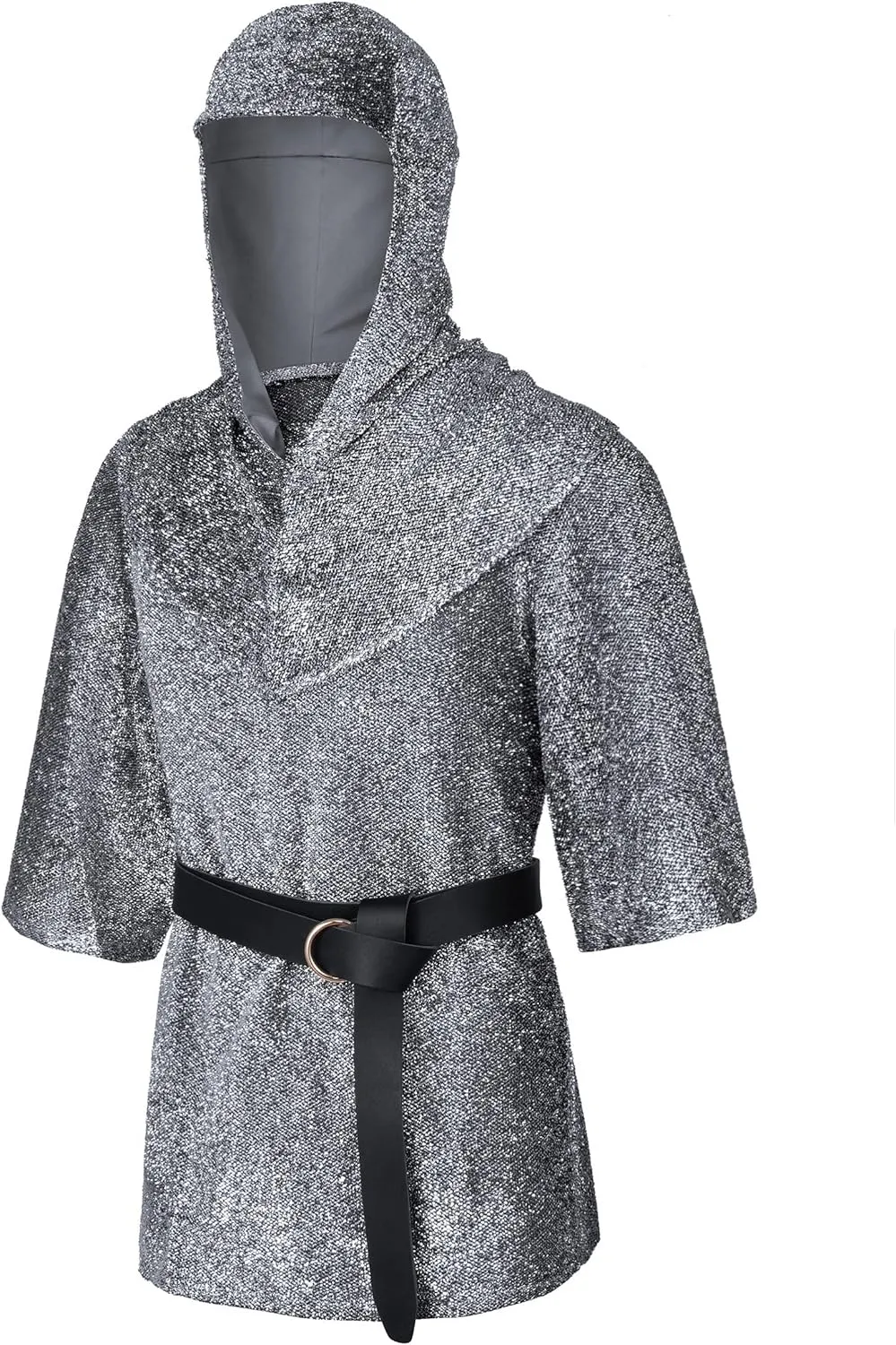 Renaissance Faux Chain Mail Armor Tunic Shirt Coif Medieval Knight Cowl Crusader Costume Outfit Bracers Waist Belt Set