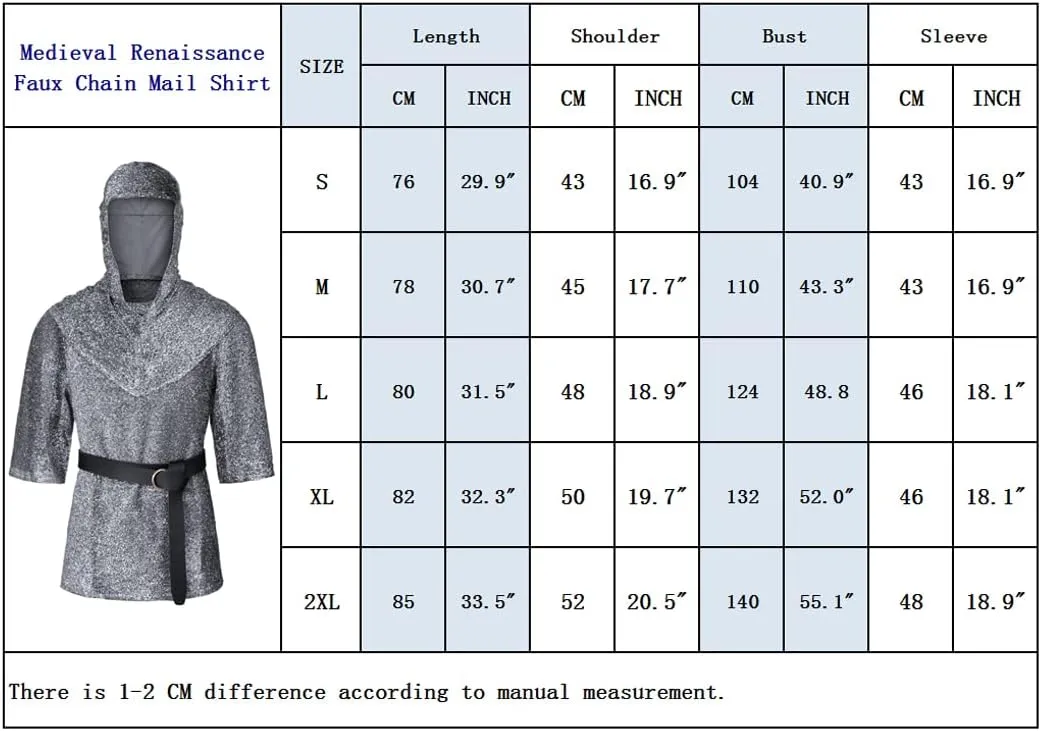 Renaissance Faux Chain Mail Armor Tunic Shirt Coif Medieval Knight Cowl Crusader Costume Outfit Bracers Waist Belt Set