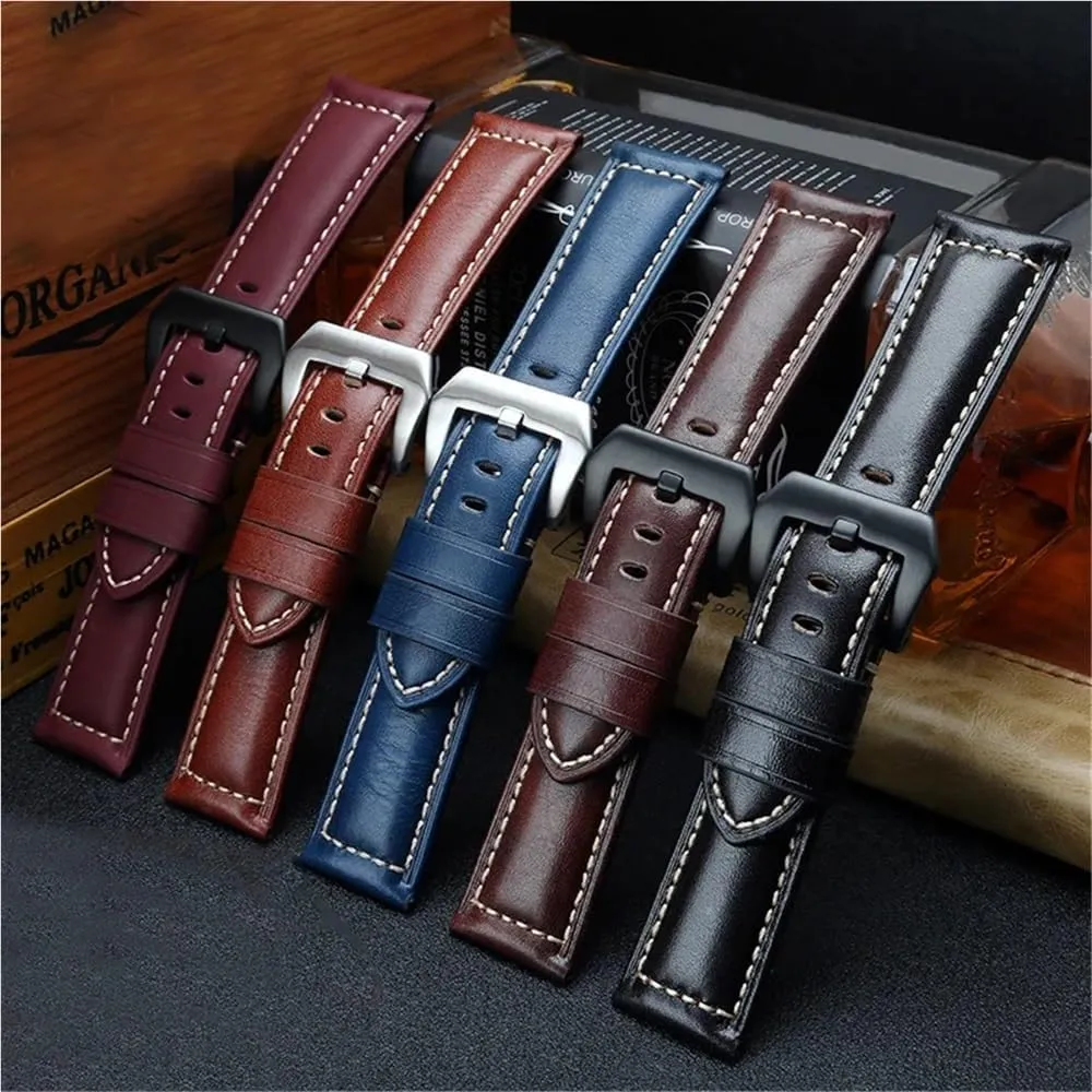 Retro Genuine Leather Strap Handmade Crazy Horse Design Cowhide Watchbands For 20mm 22mm 24mm 26mm Men Band(Dark brown sk,24mm)
