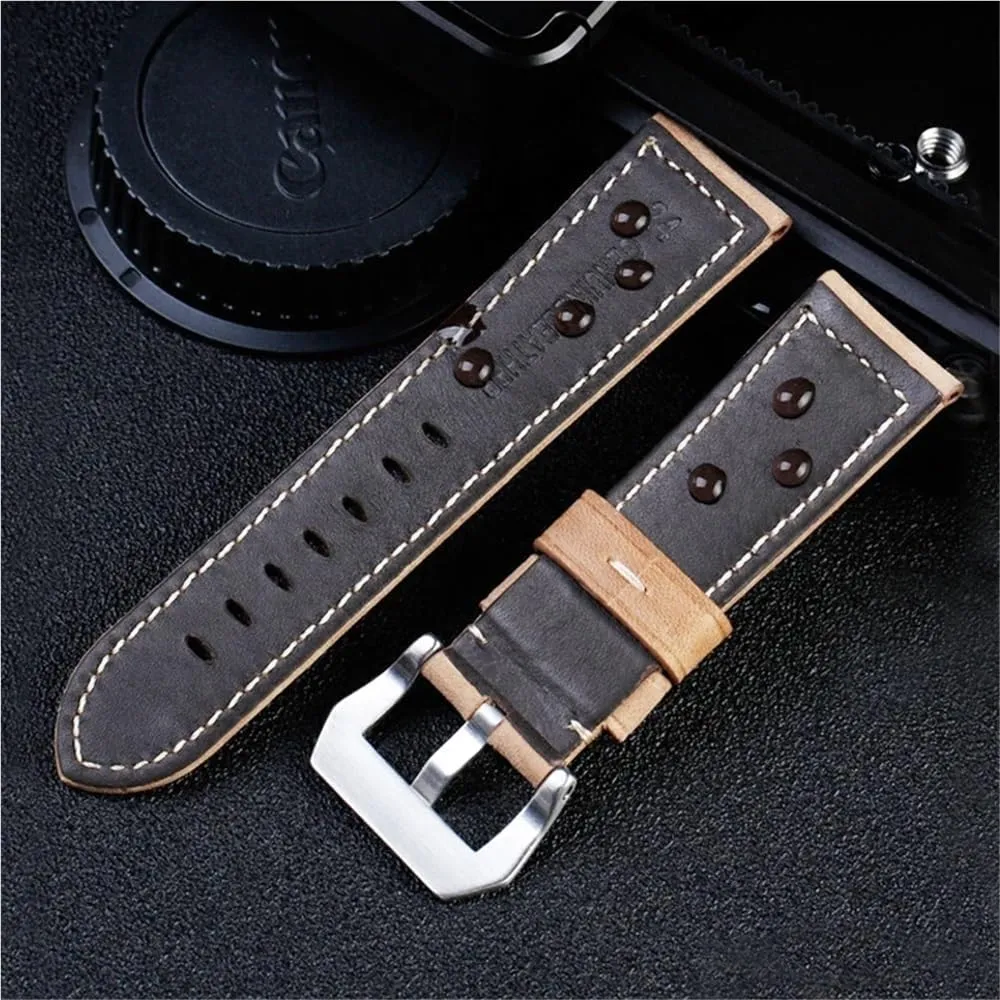 Retro Genuine Leather Strap Handmade Crazy Horse Design Cowhide Watchbands For 20mm 22mm 24mm 26mm Men Band(Dark brown sk,24mm)