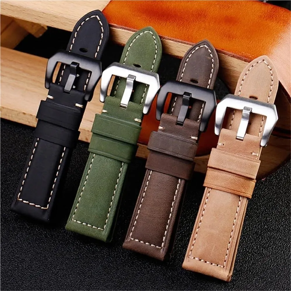 Retro Genuine Leather Strap Handmade Crazy Horse Design Cowhide Watchbands For 20mm 22mm 24mm 26mm Men Band(Dark brown sk,24mm)