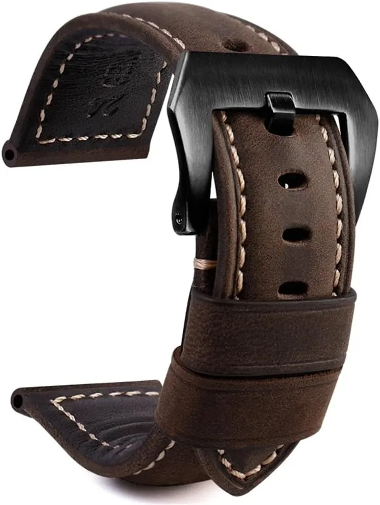 Retro Genuine Leather Strap Handmade Crazy Horse Design Cowhide Watchbands For 20mm 22mm 24mm 26mm Men Band(Dark brown sk,24mm)