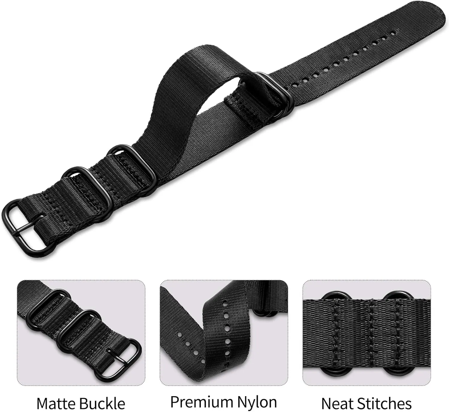 Ritche Christmas Gift 18mm 20mm 22mm 24mm Military Ballistic Nylon Strap With Black Heavy Buckle Watch Band (Glossy Buckle), White Elephant Gifts, Stocking Stuffers for Men