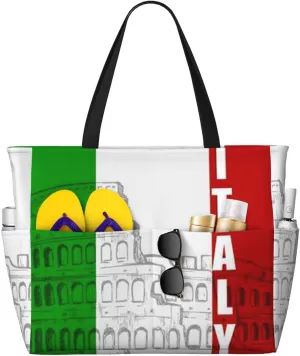 Roman Coliseum Italian Flag Print Beach Tote Large Capacity Beach Travel Bag Waterproof Sandproof And Lightweight
