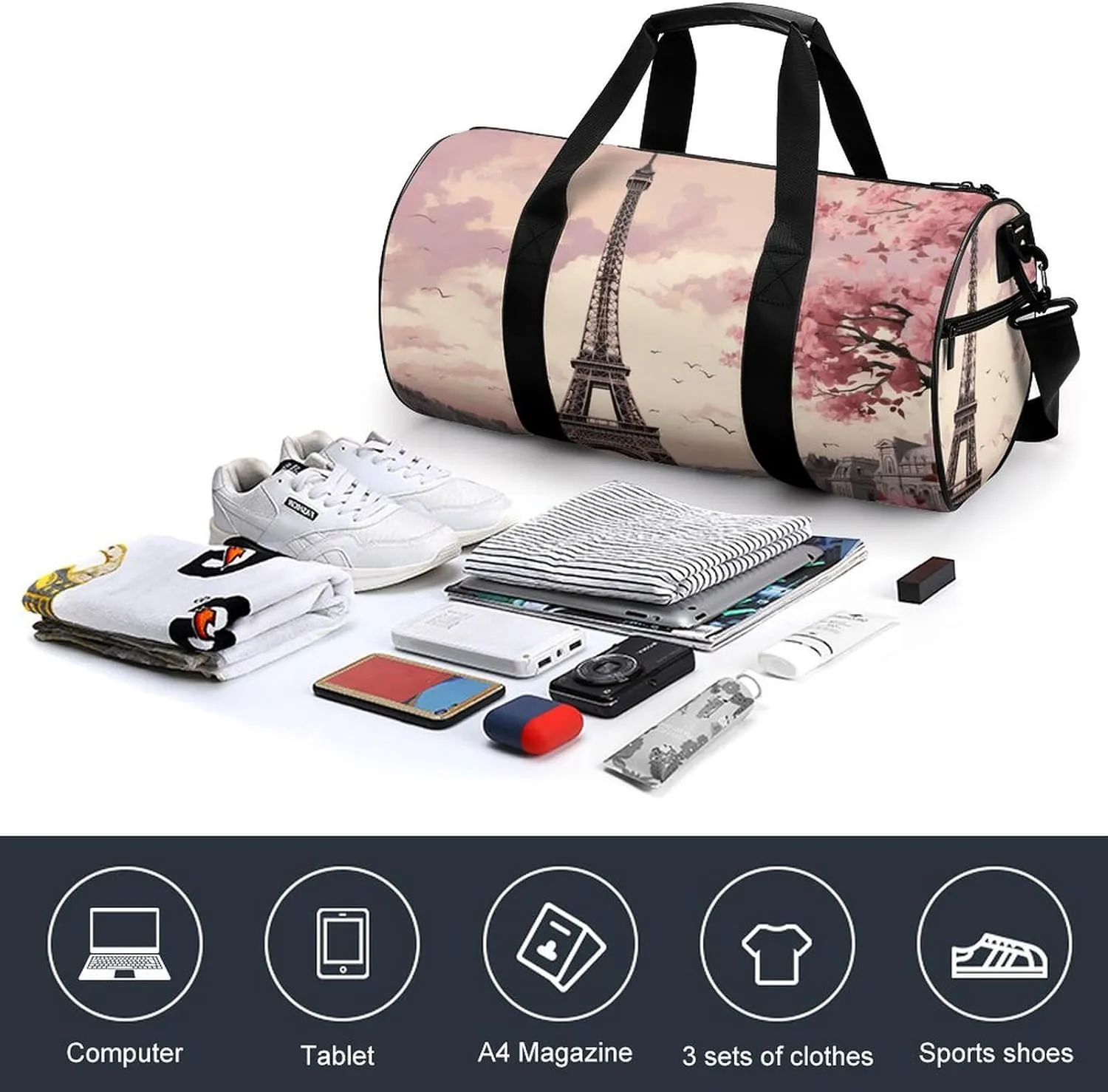 Romantic Paris Tower Gym Bag Small Travel Duffle Bag with Compartment Carry On Weekender Bag for Women Men