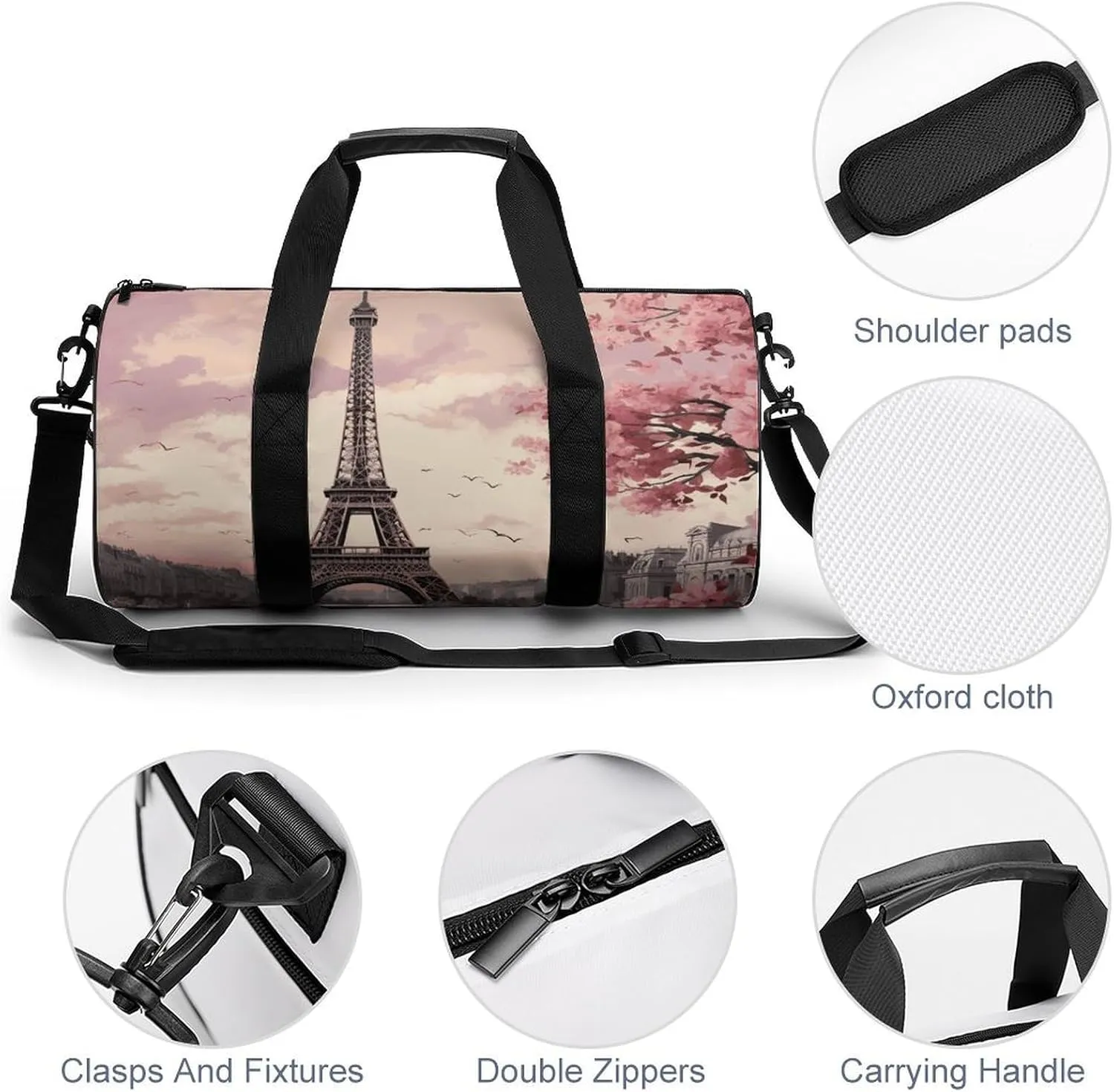 Romantic Paris Tower Gym Bag Small Travel Duffle Bag with Compartment Carry On Weekender Bag for Women Men