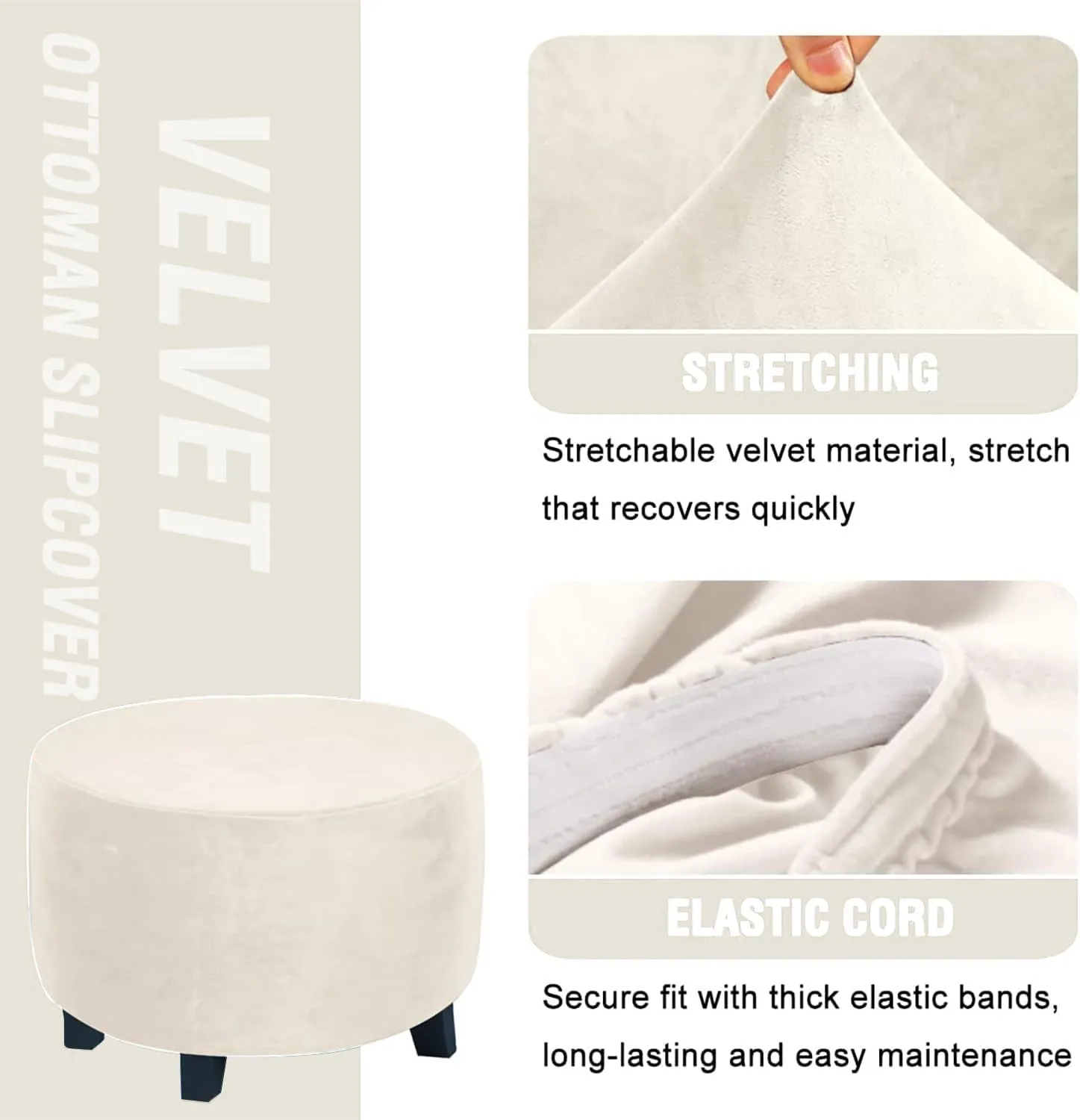 Round Ottoman Covers, High Stretchy Ottoman Slipcover Protector for Footrest Foot Stool Furniture Soft Plush Velvet Ottoman Covers with Elastic Bottom (Cream, Medium)