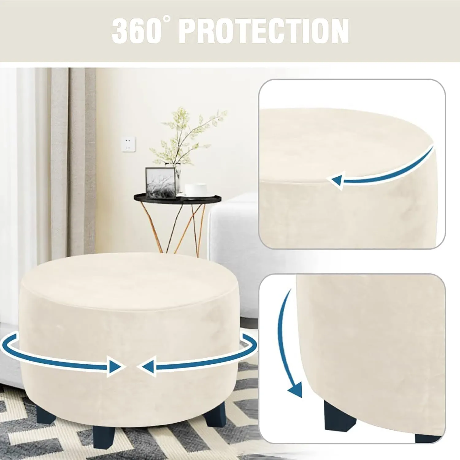 Round Ottoman Covers, High Stretchy Ottoman Slipcover Protector for Footrest Foot Stool Furniture Soft Plush Velvet Ottoman Covers with Elastic Bottom (Cream, Medium)