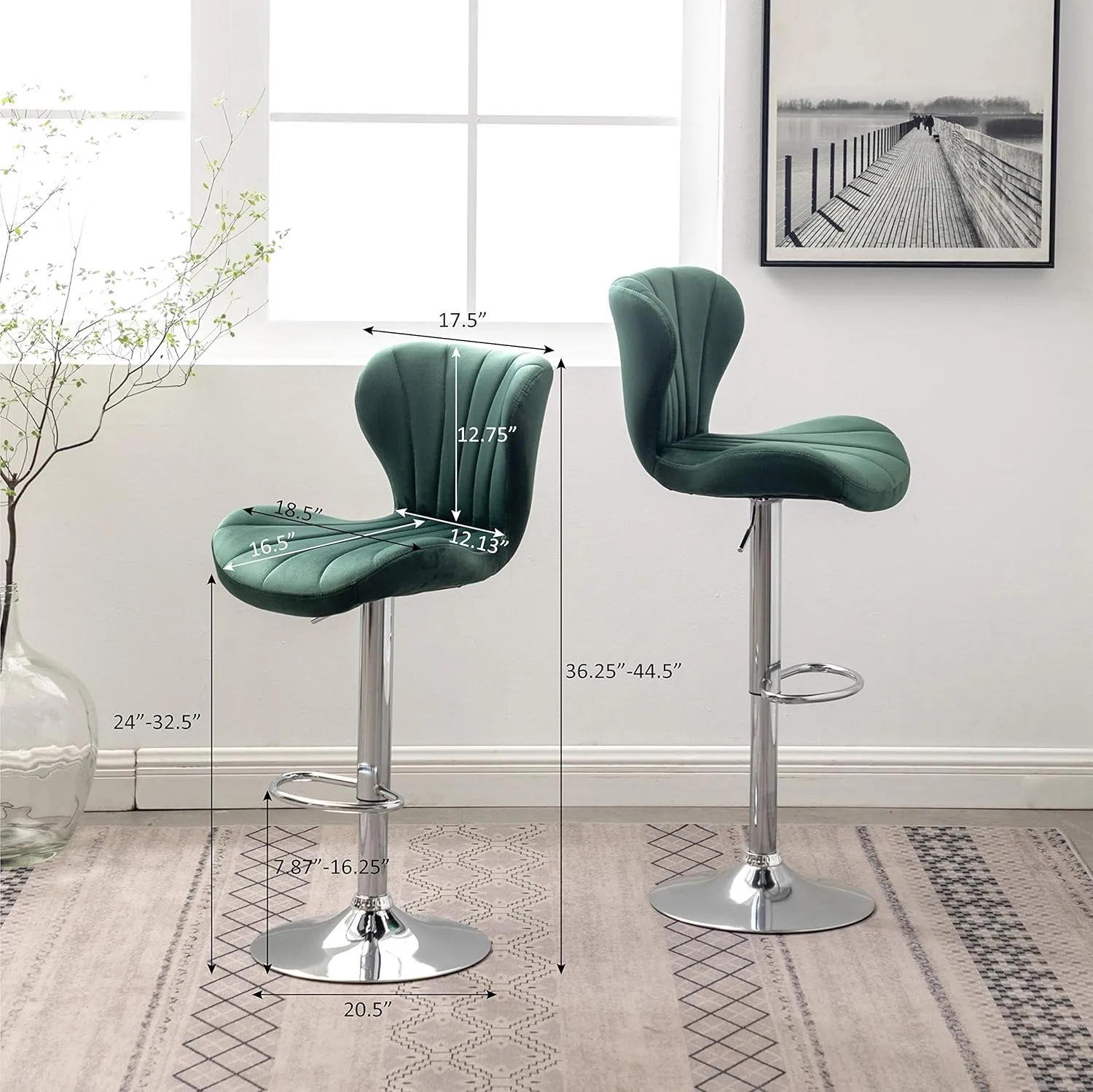 Roundhill Furniture Ellston Velvet Adjustable Swivel Barstools in Green, Set of 2