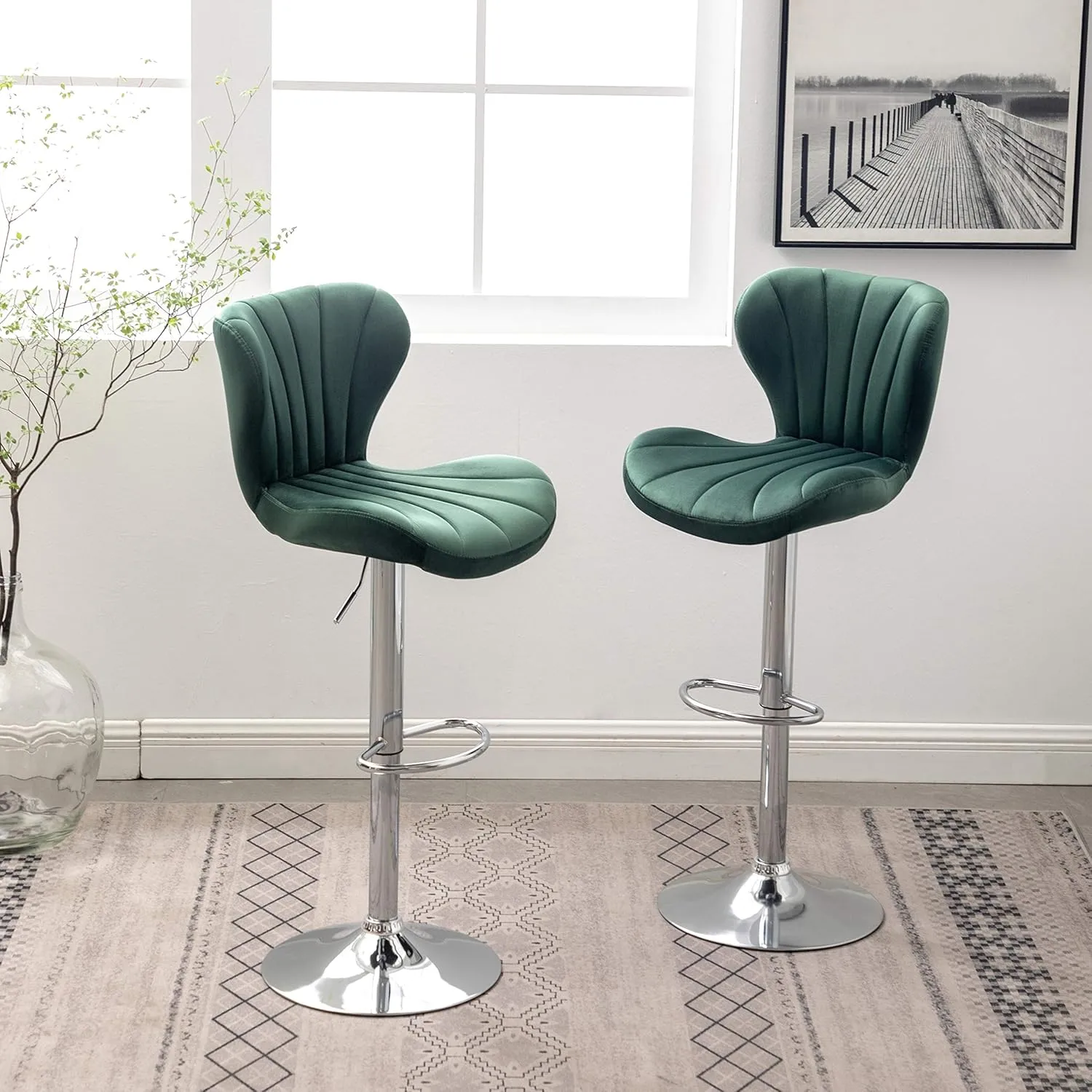 Roundhill Furniture Ellston Velvet Adjustable Swivel Barstools in Green, Set of 2