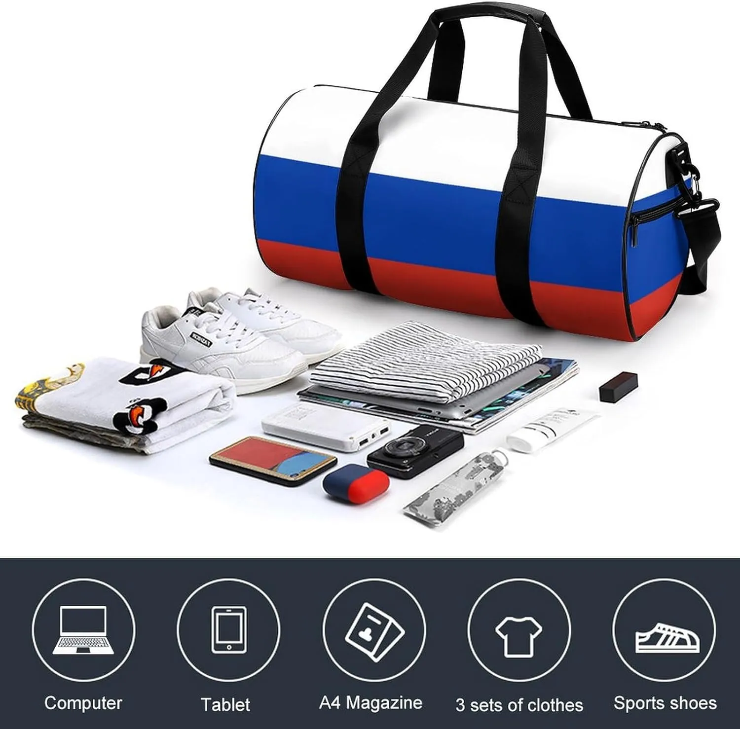 Russia Flag Gym Bag for Men Women with Dry Wet Separation Sports Travel Duffel