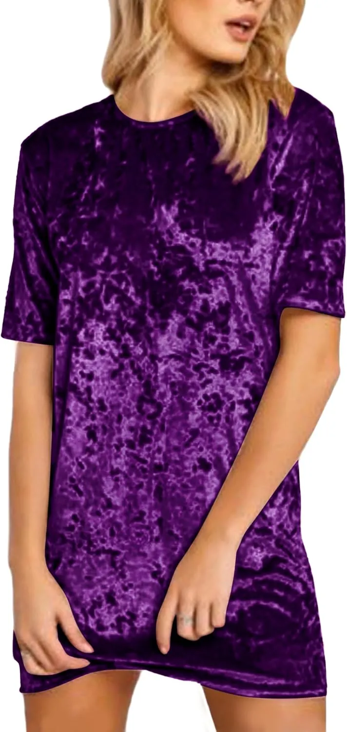 R.Vivimos Women's Summer Short Sleeve Crushed Velvet Mini Short Dresses