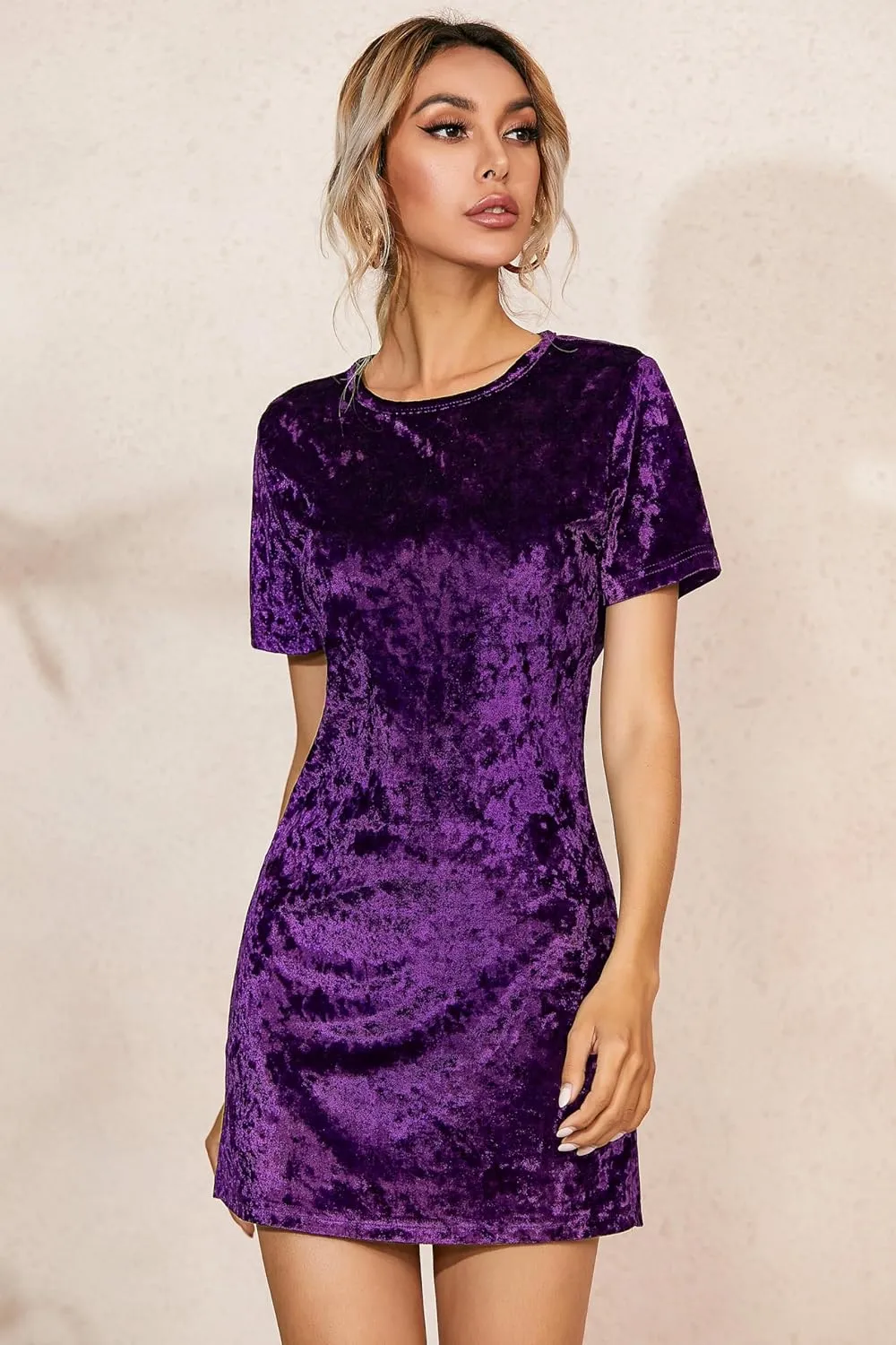 R.Vivimos Women's Summer Short Sleeve Crushed Velvet Mini Short Dresses