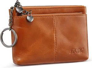 S-ZONE Genuine Leather Coin Purse Women Small Change Wallet Pouch Card Holder with Keychain Gift Box