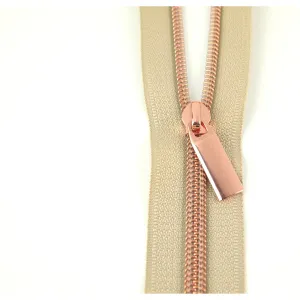 Sallie Tomato Zipper - 3 Yds with 9 Pulls - Beige Tape/Rose Gold
