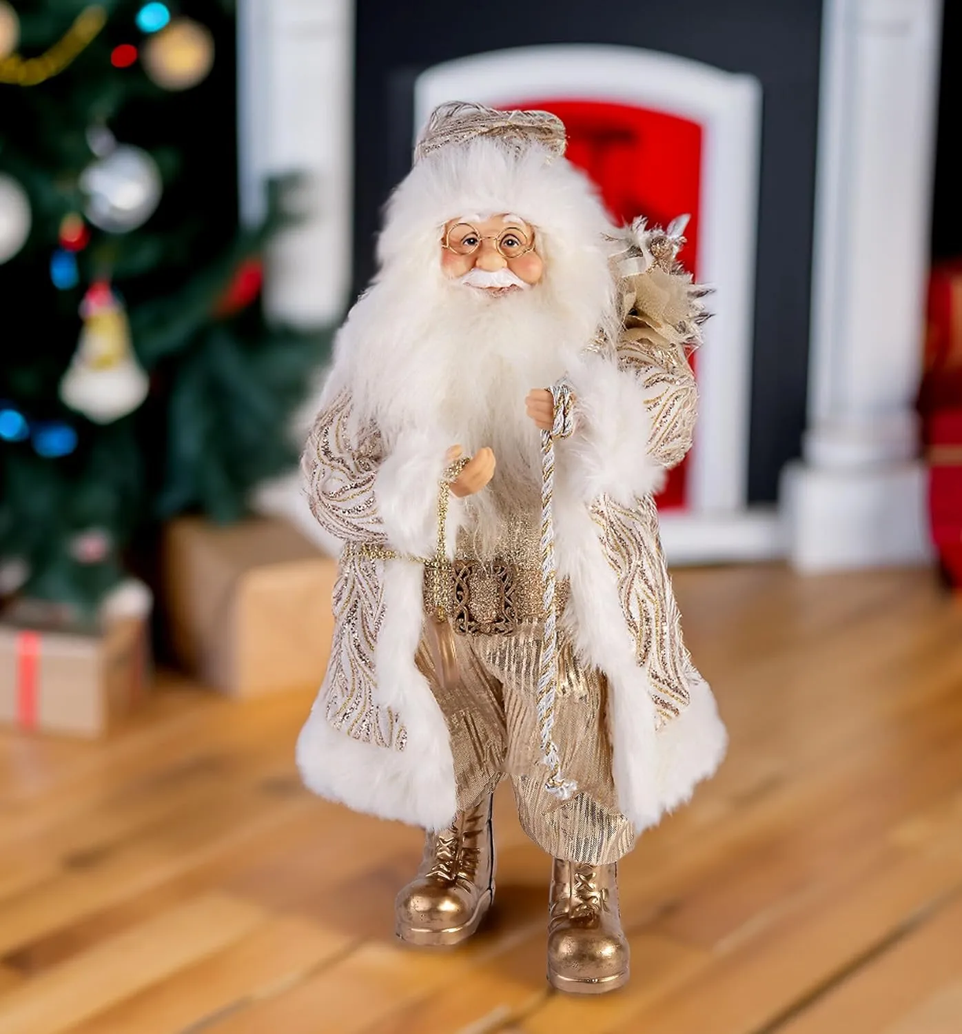 Santa Claus with Clock and Gifts Collectible Doll, Collectible Figurines, Christmas Ornament with Gifts Bag, Christmas Indoor Decorations and Gift 18" (45 cm)