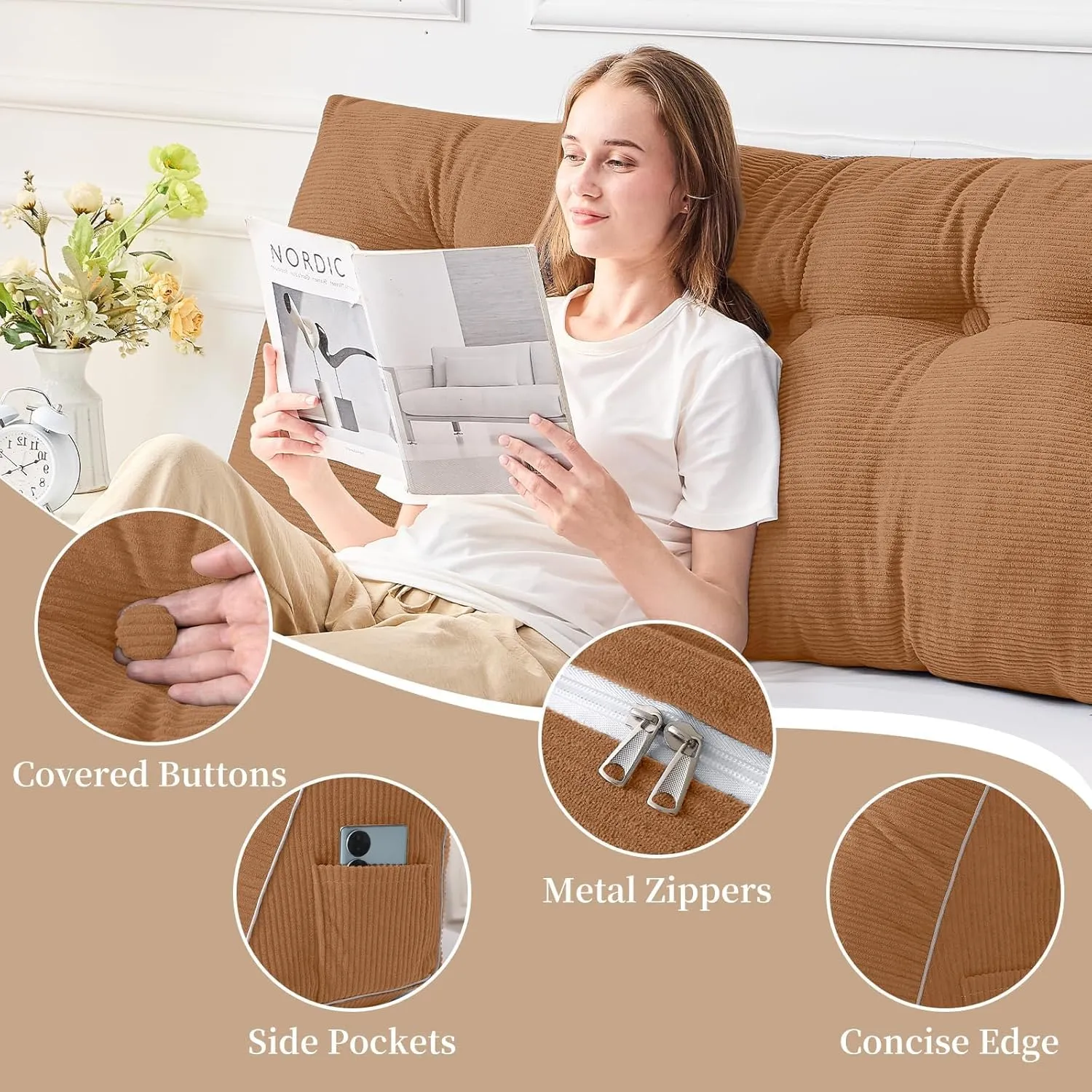 Sasttie Headboard Pillow Queen, Wedge Pillow Headboard for Sitting Up in Bed, Back-Rest Support Triangular Cushion for Reading - Features Removable Washable Cover, Caramel Colour
