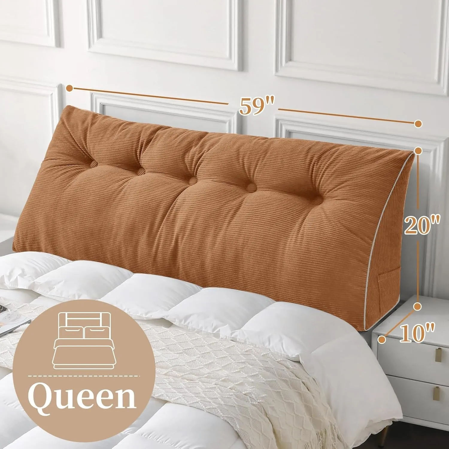 Sasttie Headboard Pillow Queen, Wedge Pillow Headboard for Sitting Up in Bed, Back-Rest Support Triangular Cushion for Reading - Features Removable Washable Cover, Caramel Colour