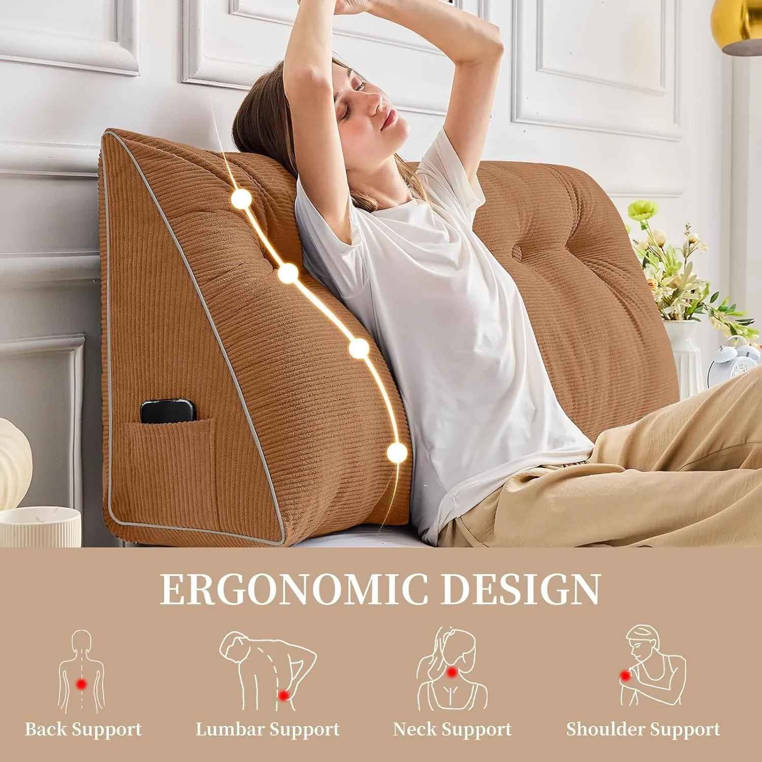 Sasttie Headboard Pillow Queen, Wedge Pillow Headboard for Sitting Up in Bed, Back-Rest Support Triangular Cushion for Reading - Features Removable Washable Cover, Caramel Colour