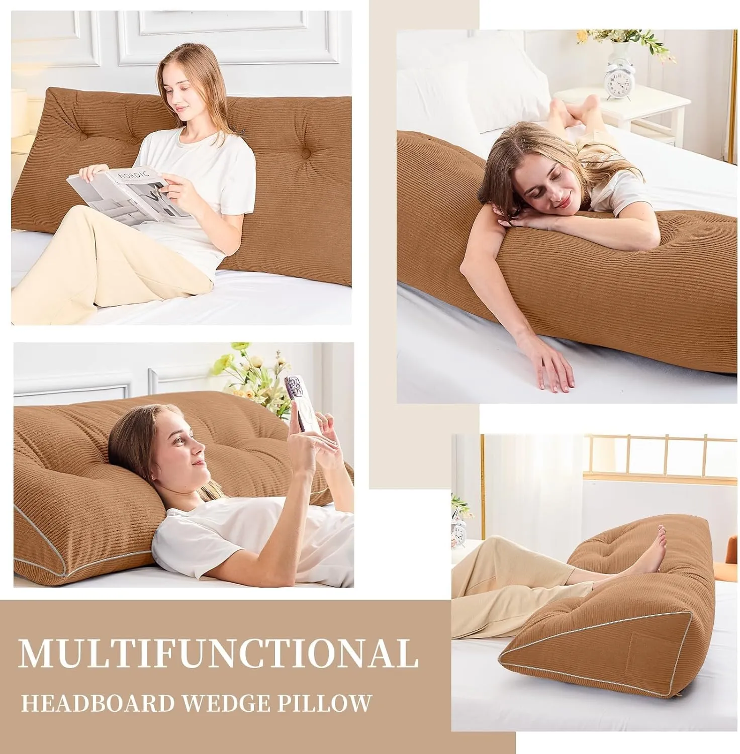 Sasttie Headboard Pillow Queen, Wedge Pillow Headboard for Sitting Up in Bed, Back-Rest Support Triangular Cushion for Reading - Features Removable Washable Cover, Caramel Colour