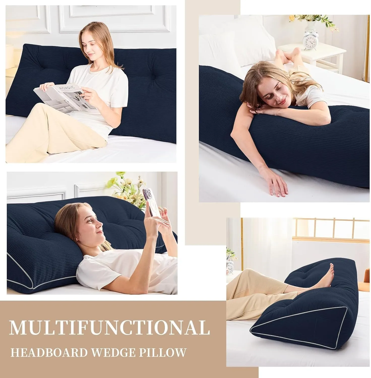 Sasttie Headboard Pillow Queen, Wedge Pillow Headboard for Sitting Up in Bed, Back-Rest Support Triangular Cushion for Reading - Features Removable Washable Cover, Navy