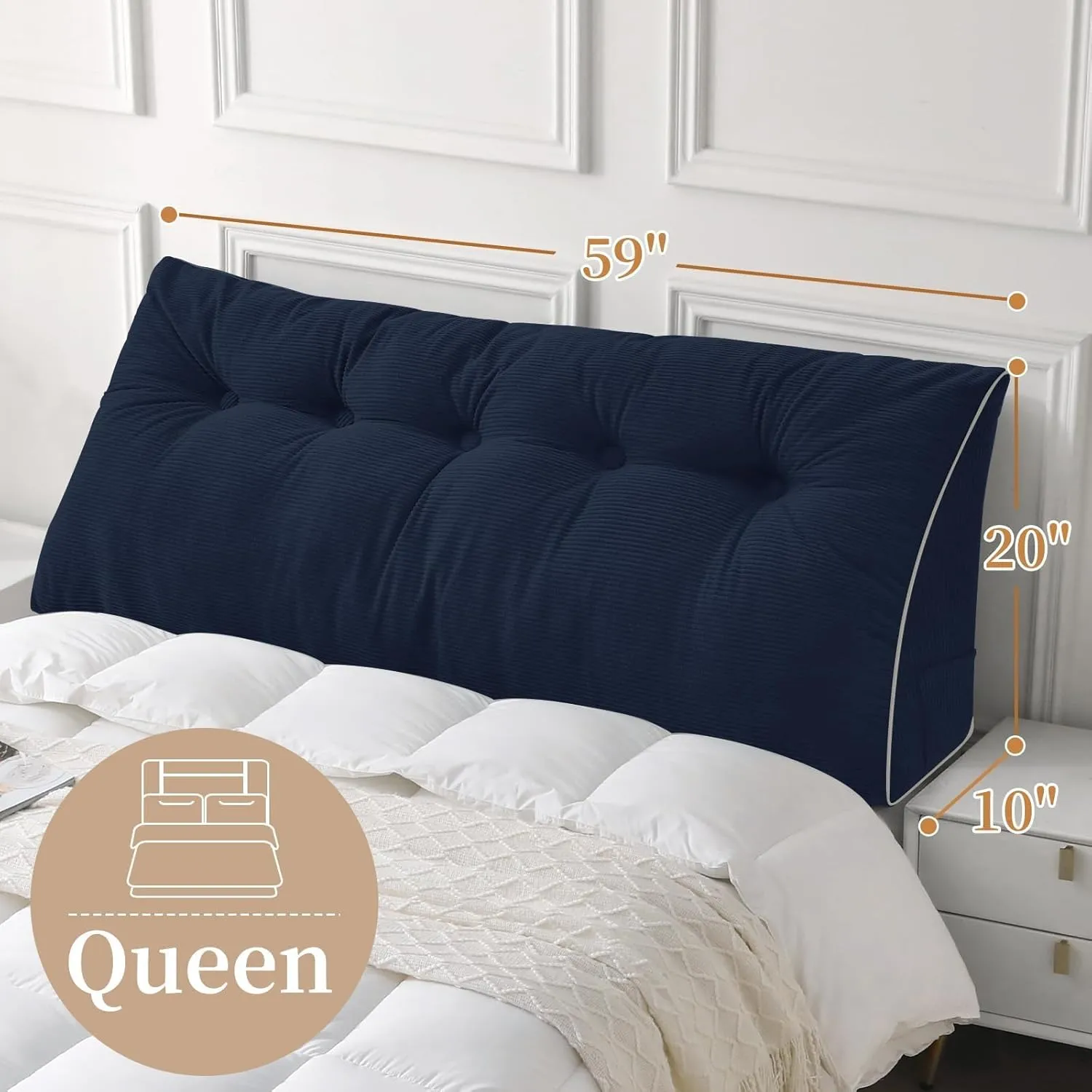 Sasttie Headboard Pillow Queen, Wedge Pillow Headboard for Sitting Up in Bed, Back-Rest Support Triangular Cushion for Reading - Features Removable Washable Cover, Navy