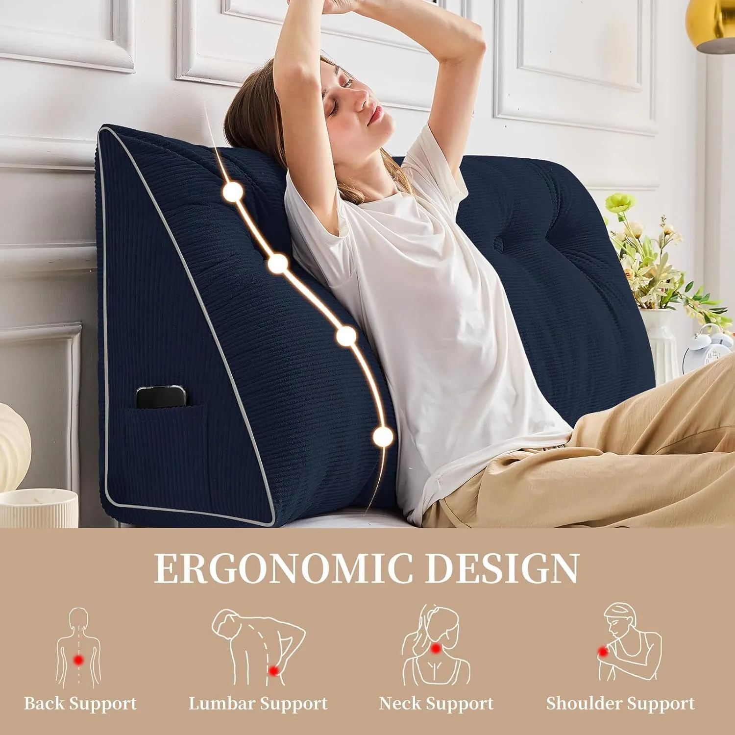 Sasttie Headboard Pillow Queen, Wedge Pillow Headboard for Sitting Up in Bed, Back-Rest Support Triangular Cushion for Reading - Features Removable Washable Cover, Navy