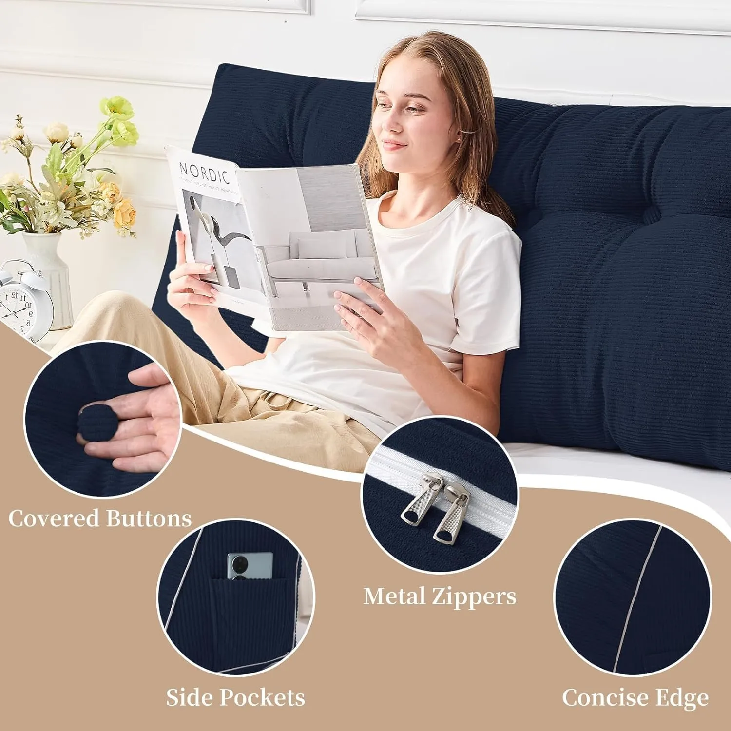 Sasttie Headboard Pillow Queen, Wedge Pillow Headboard for Sitting Up in Bed, Back-Rest Support Triangular Cushion for Reading - Features Removable Washable Cover, Navy
