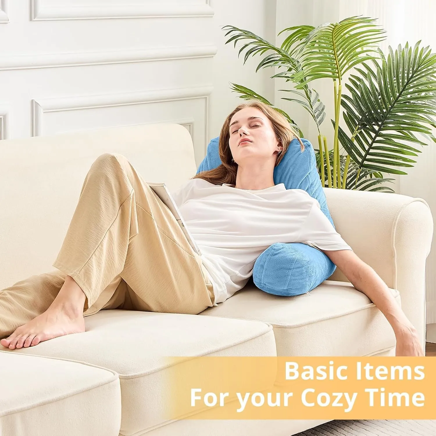 Sasttie Reading Pillow, Velvet Back Pillow for Bed Sitting Up, Adult Back-Rest Support Cushion with Arms for Sit Up on Couch, Sofa, and Floor, Dorm Essentials, Reading Accessories, Blue