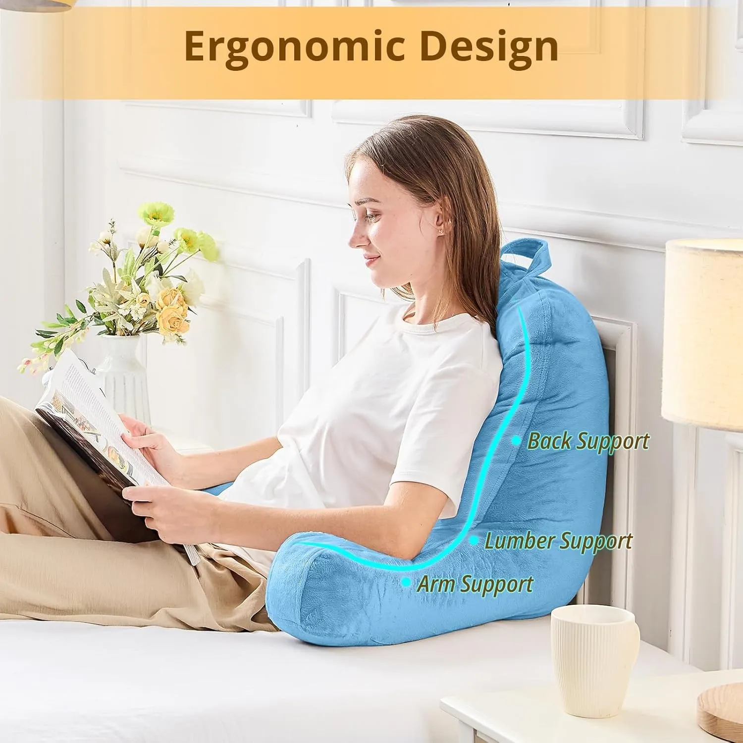 Sasttie Reading Pillow, Velvet Back Pillow for Bed Sitting Up, Adult Back-Rest Support Cushion with Arms for Sit Up on Couch, Sofa, and Floor, Dorm Essentials, Reading Accessories, Blue