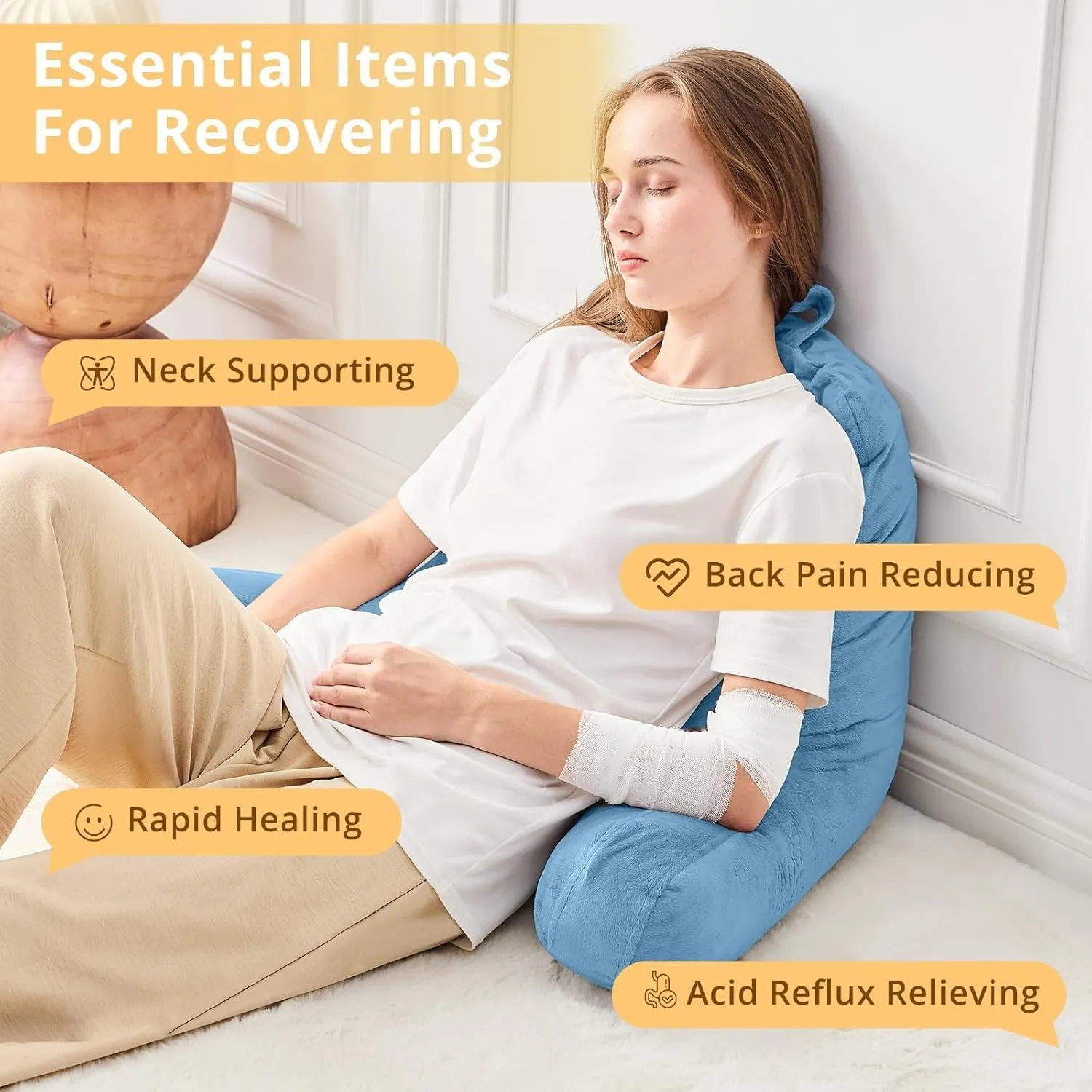 Sasttie Reading Pillow, Velvet Back Pillow for Bed Sitting Up, Adult Back-Rest Support Cushion with Arms for Sit Up on Couch, Sofa, and Floor, Dorm Essentials, Reading Accessories, Blue