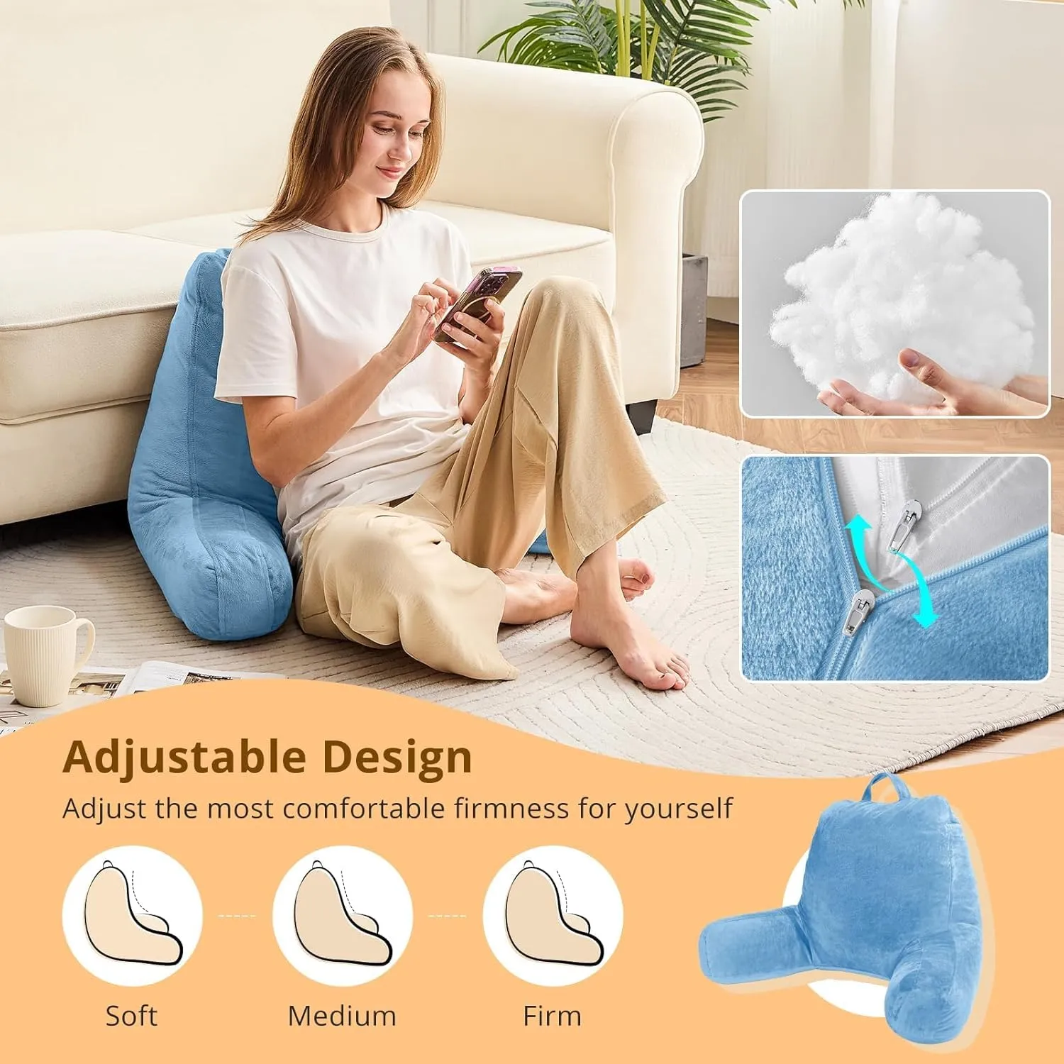 Sasttie Reading Pillow, Velvet Back Pillow for Bed Sitting Up, Adult Back-Rest Support Cushion with Arms for Sit Up on Couch, Sofa, and Floor, Dorm Essentials, Reading Accessories, Blue