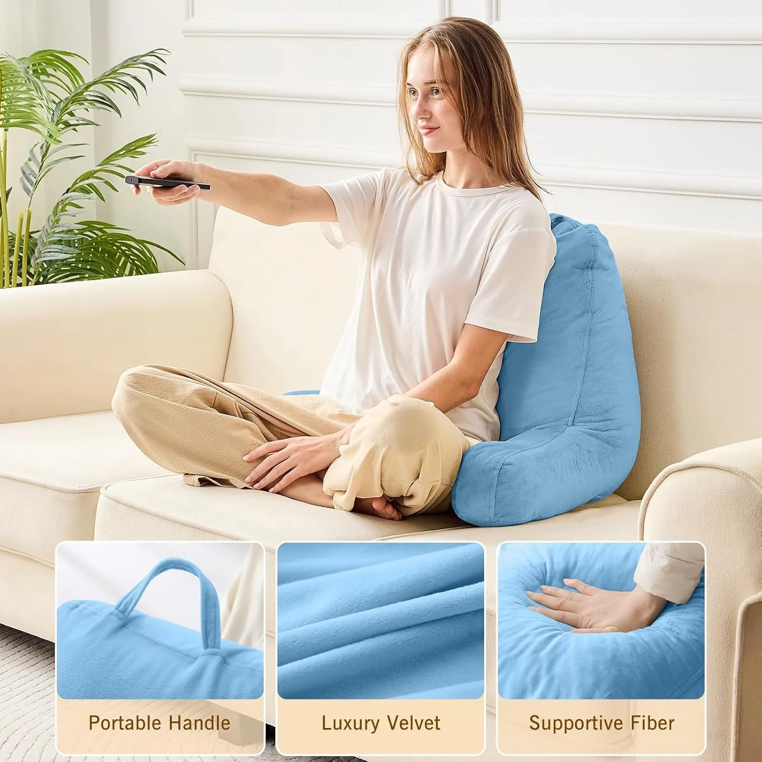 Sasttie Reading Pillow, Velvet Back Pillow for Bed Sitting Up, Adult Back-Rest Support Cushion with Arms for Sit Up on Couch, Sofa, and Floor, Dorm Essentials, Reading Accessories, Blue