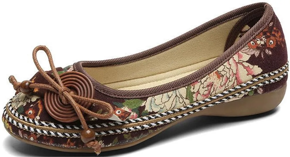 SATUKI Handmade Embroidered Canvas Shoes for Women, Slip-On Casual Loafer Flat Floral Shoes