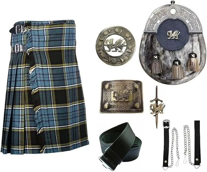 Scottish Heritage Kilt Set Anderson Modern kilt Welsh Dragon Head Sporran, Chain, Belt, Buckle, Brooch & Pin