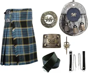 Scottish Heritage Kilt Set Anderson Modern kilt Welsh Dragon Head Sporran, Chain, Belt, Buckle, Brooch & Pin