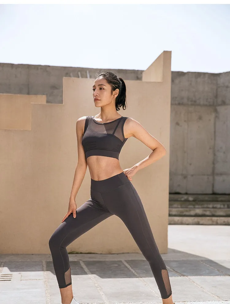 Seamless Gym Yoga Suit Fashion Sheer Mesh Patchwork Top Leggings Fitness Push Up Running Sports Dance Training Two Piece Set