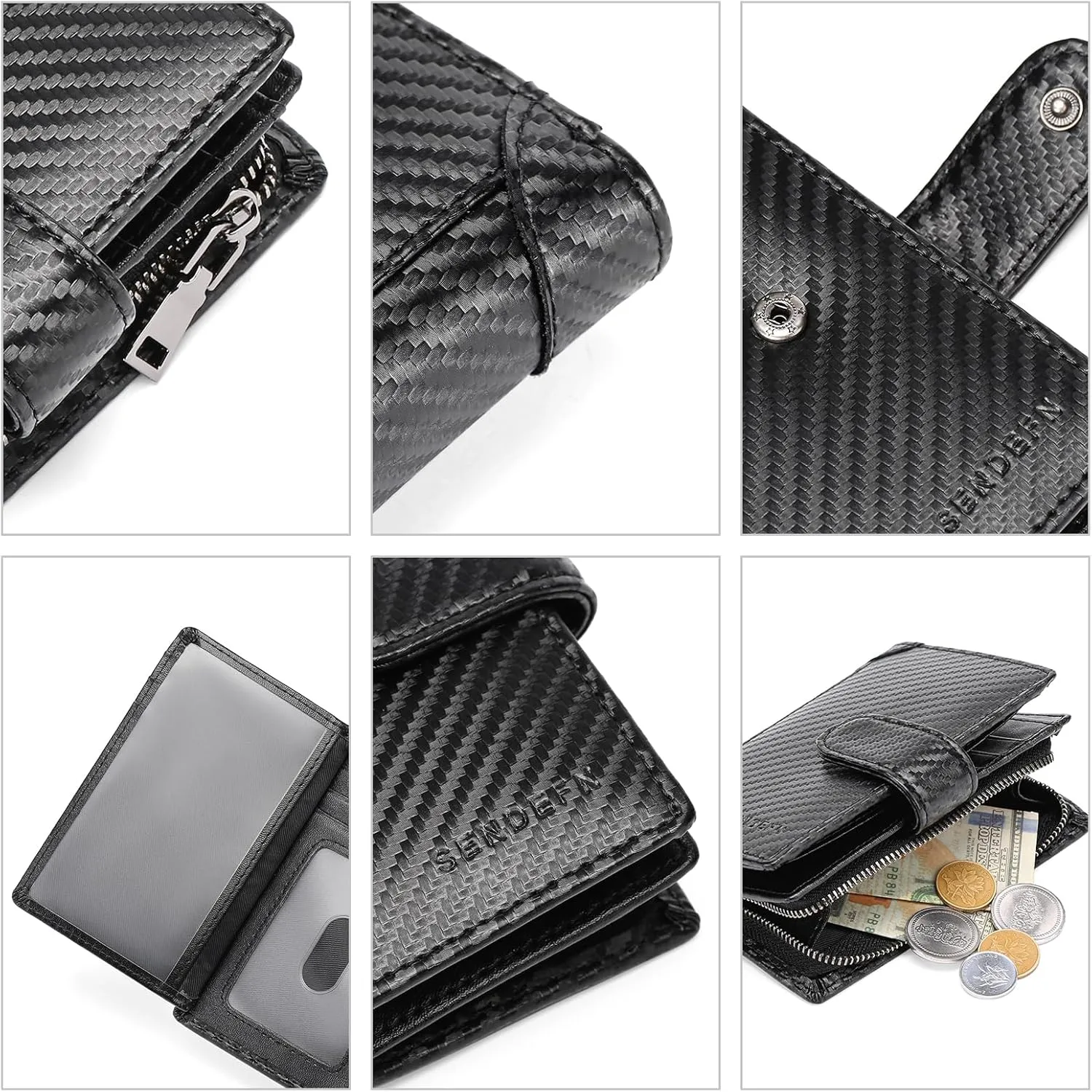 SENDEFN Men's Wallet Genuine Leather Wallets for Men RFID Blocking Card Holder with Zipper Coin Purse