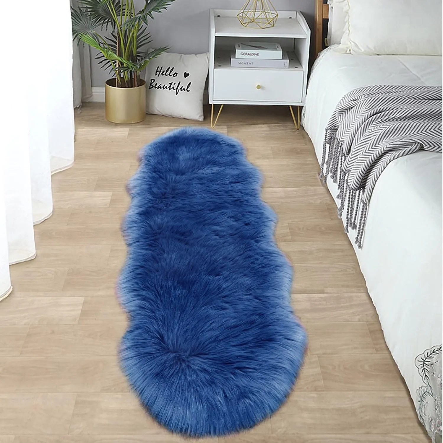 SERISSA Ultra Soft Fluffy Rug Dark Blue Faux Sheepskin Fur Rug Shaggy Couch Cover Furry Carpet for Kids Room Bedroom Living Room Runner, 2x6 Feet (Sheepskin Shape,Dark Blue)