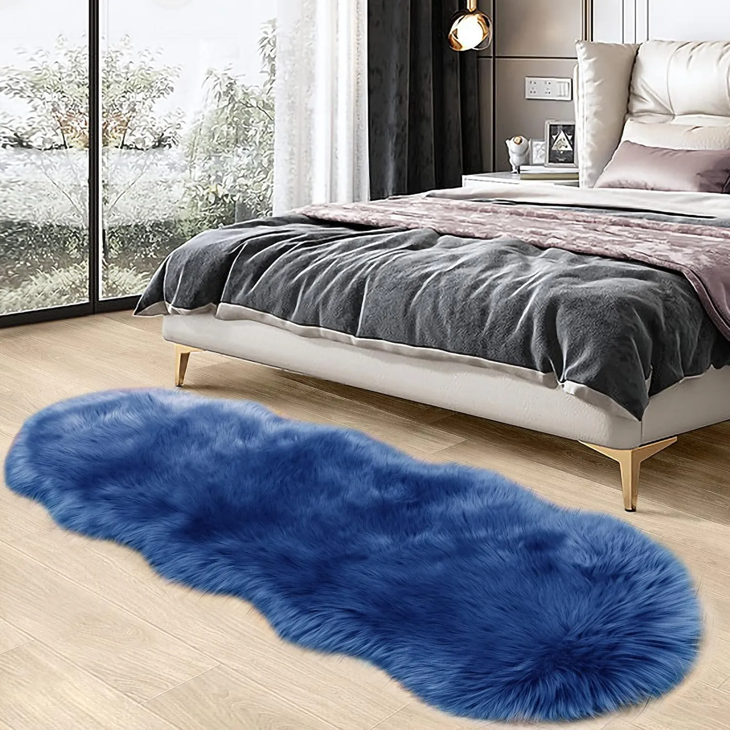 SERISSA Ultra Soft Fluffy Rug Dark Blue Faux Sheepskin Fur Rug Shaggy Couch Cover Furry Carpet for Kids Room Bedroom Living Room Runner, 2x6 Feet (Sheepskin Shape,Dark Blue)