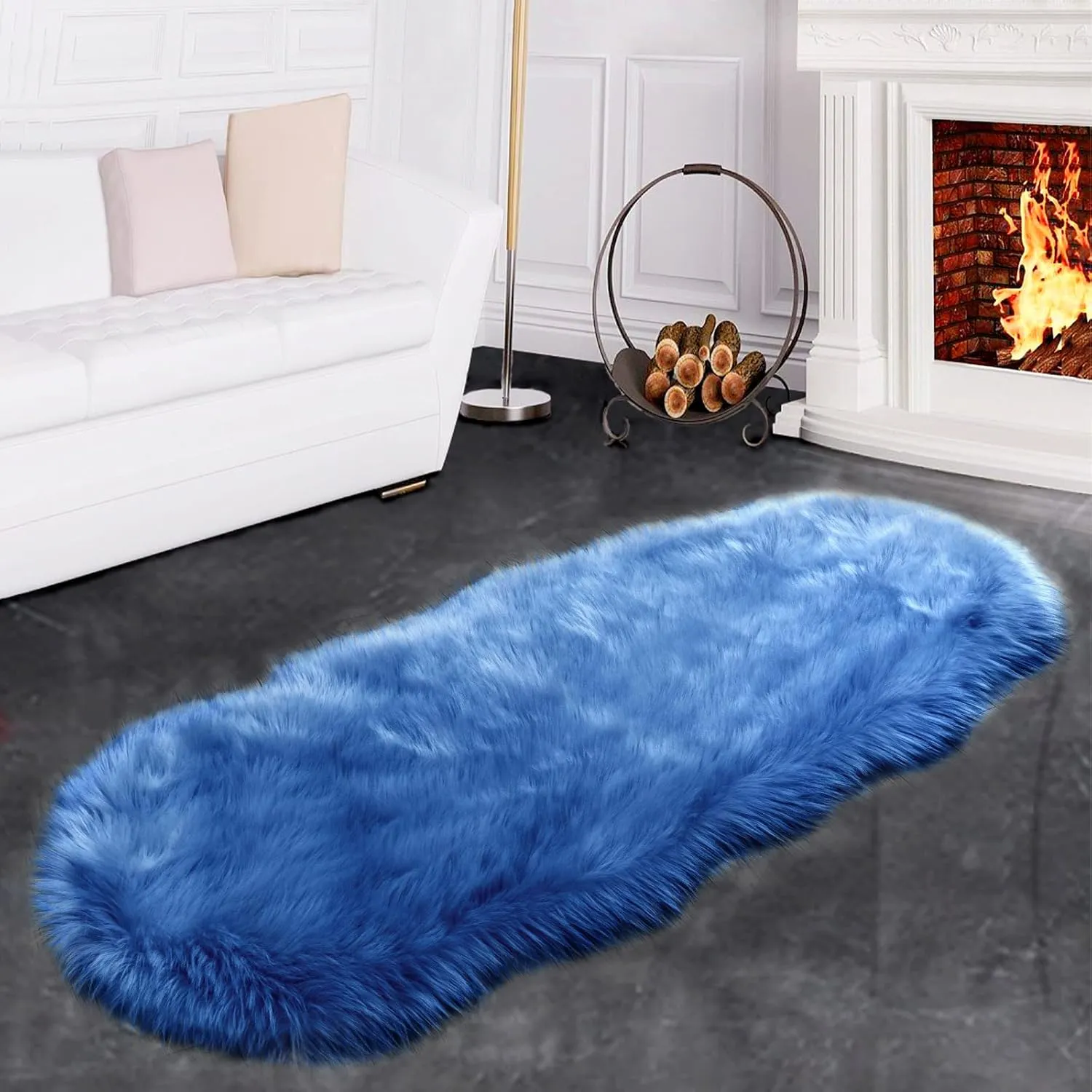 SERISSA Ultra Soft Fluffy Rug Dark Blue Faux Sheepskin Fur Rug Shaggy Couch Cover Furry Carpet for Kids Room Bedroom Living Room Runner, 2x6 Feet (Sheepskin Shape,Dark Blue)