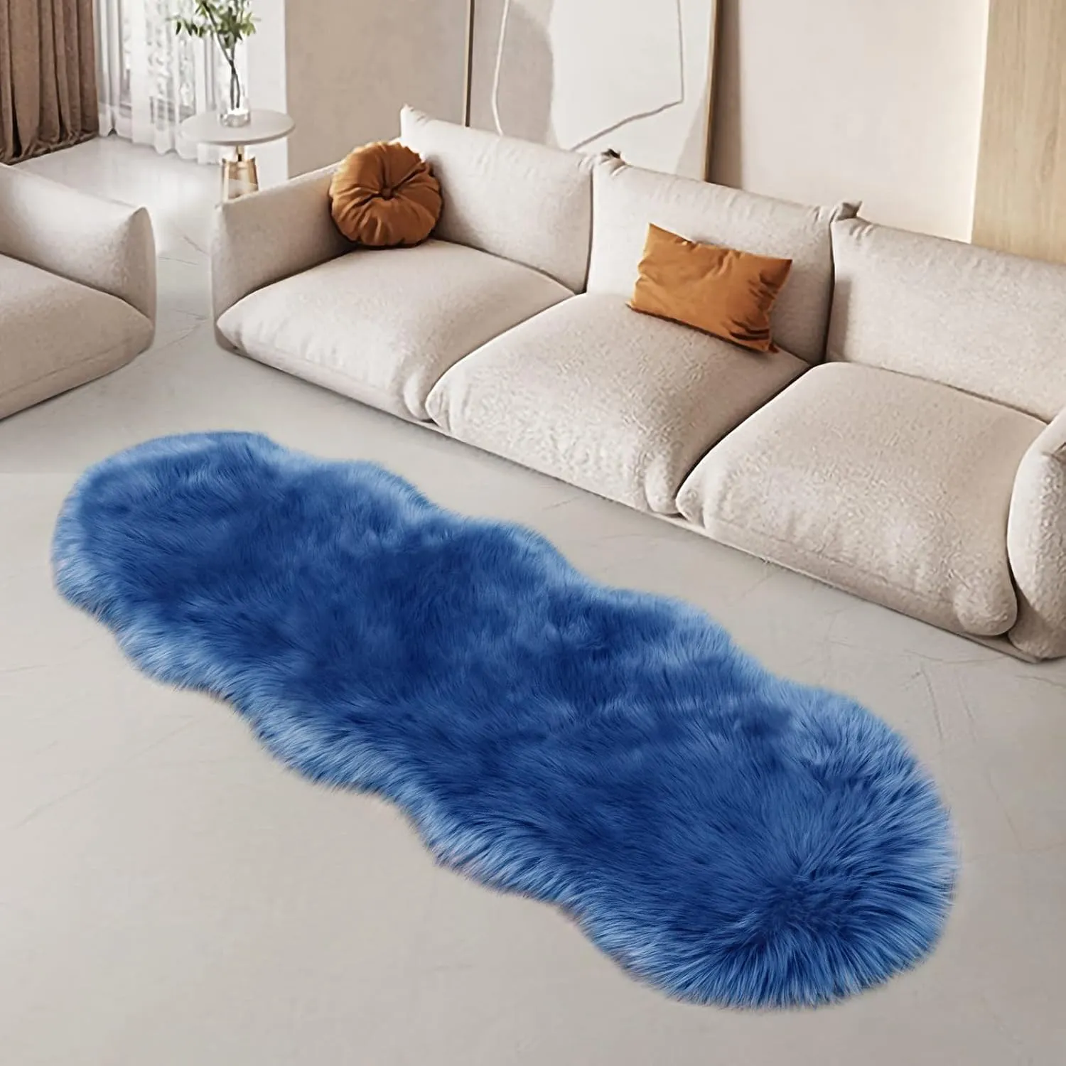 SERISSA Ultra Soft Fluffy Rug Dark Blue Faux Sheepskin Fur Rug Shaggy Couch Cover Furry Carpet for Kids Room Bedroom Living Room Runner, 2x6 Feet (Sheepskin Shape,Dark Blue)