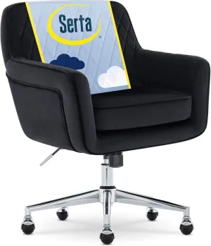 Serta Ashleigh Modern Office Chair, Diamond-Tufted Design, Pocket Coil Seat Cushion, Stylish Mid-Century Accent Armchair, Women's Vanity or MakeupChair, Chrome Swivel Base, Black Velvet Fabric
