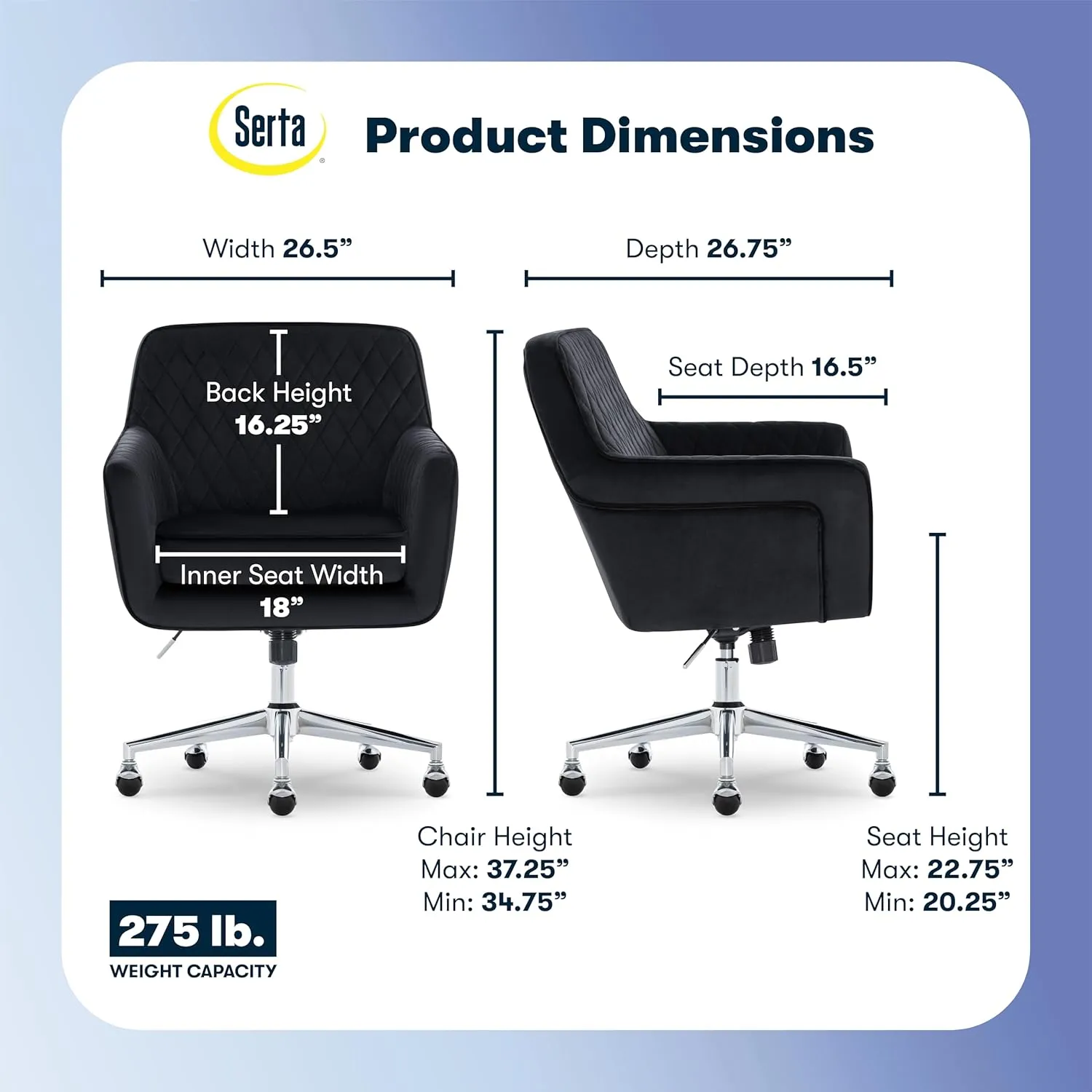 Serta Ashleigh Modern Office Chair, Diamond-Tufted Design, Pocket Coil Seat Cushion, Stylish Mid-Century Accent Armchair, Women's Vanity or MakeupChair, Chrome Swivel Base, Black Velvet Fabric