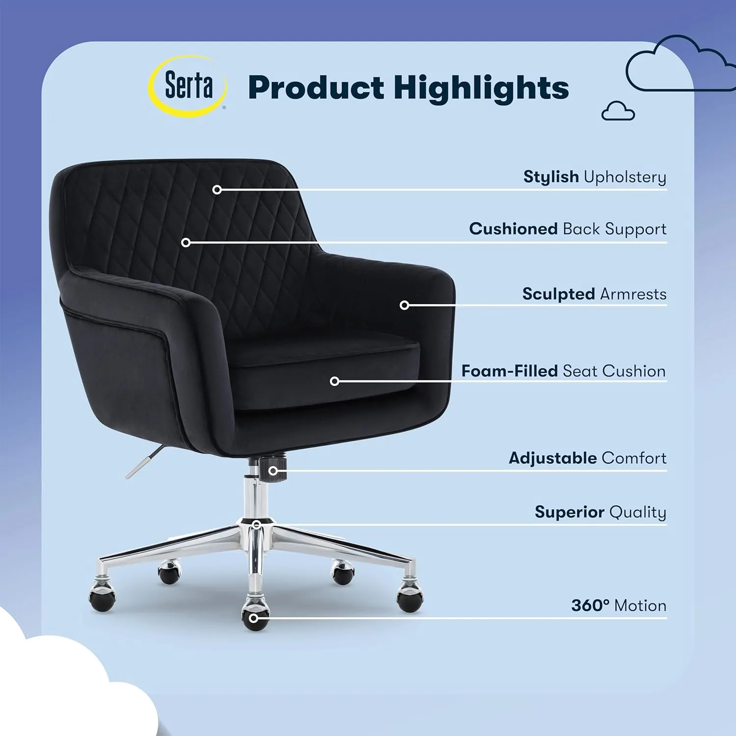 Serta Ashleigh Modern Office Chair, Diamond-Tufted Design, Pocket Coil Seat Cushion, Stylish Mid-Century Accent Armchair, Women's Vanity or MakeupChair, Chrome Swivel Base, Black Velvet Fabric